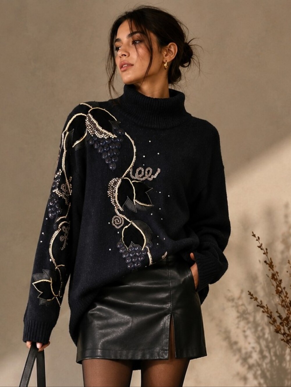 Vintage!! I.B.Diffusion | 1980s Black Beaded Sweater w/ Grapevine Design, Size M